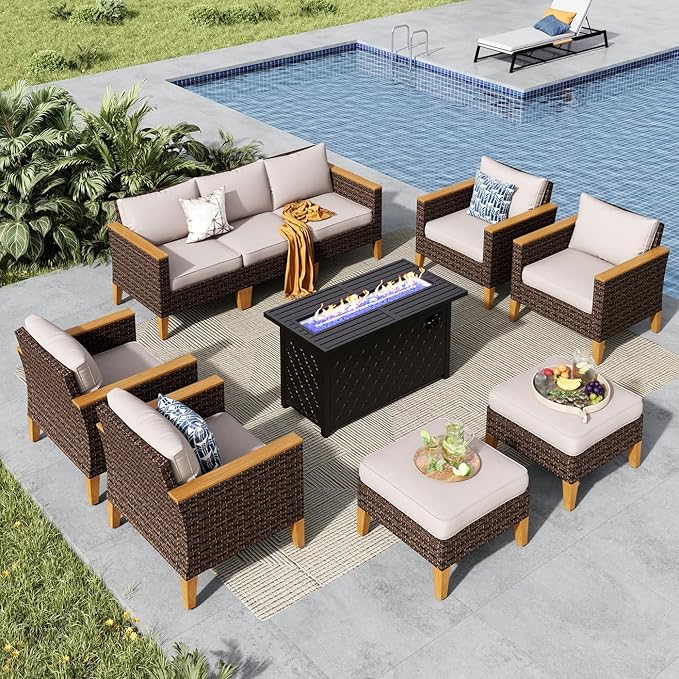 MFSTUDIO 9 Piece Wicker Patio Furniture Set with Fire Pit Table, 4 x Single Chair, 2 x Ottoman, 3-Seat Sofa, All-Weather Outdoor PE Rattan Patio Conversation Set for Garden, Backyard(Beige Cushions)
