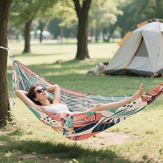 Vintage Flower Leaves Camping Hammock, Portable Lightweight Single Hammock with Tree Straps and Aluminum Carabiners, 114" x 54" Travel Hammock for Hiking Backpacking Beach