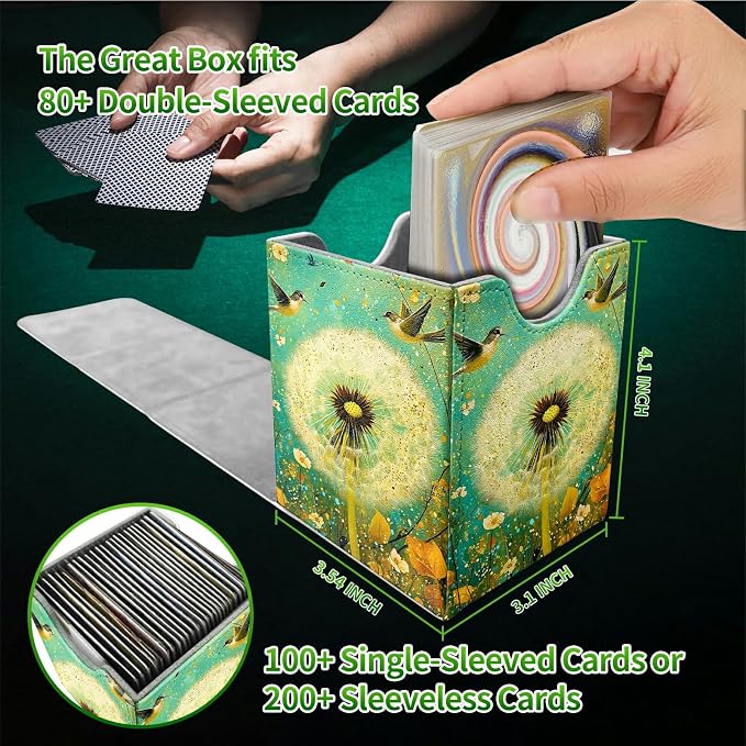 Deck Box for MTG, Cards Storage Box Fits 120+ Sleeved, Leather Medium Size Strong Magnetic Closing Card Case for Board Games Magic TCG CCG Baseball Collection, Blue Dandelion