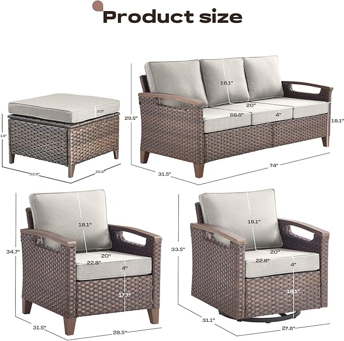Rilyson Wicker Outdoor Patio Furniture Set - 7 Piece Patio Conversation Sets with Swivel Rocker Chairs, Chairs, Ottomans and Sofa, Thick Cushions, Waterproof Wicker, for Porch Deck Brown/Beige