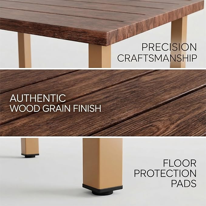 NestNook Outdoor Patio Coffee Table, Metal Center Table with Wood Grain Finish, Smooth Easy-Clean Surface, Adjustable Feet, All-Weather Iron Table for Backyard, Balcony, Porch
