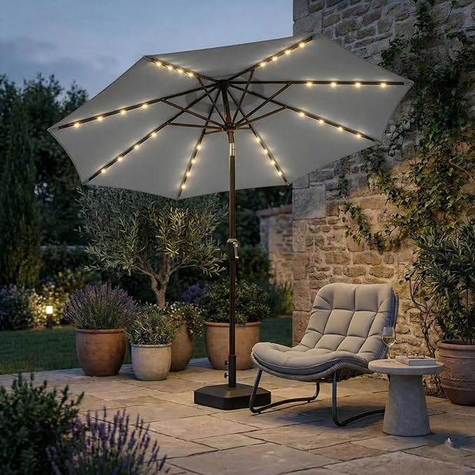 Kingdura 10FT Outdoor Patio Umbrella with Solar Lights, Market Table Umbrella with Push Button Tilt & Crank, 8 Sturdy Ribs, 32 LED Lights, UV Protection for Garden Lawn Deck Backyard Pool (Light grey)