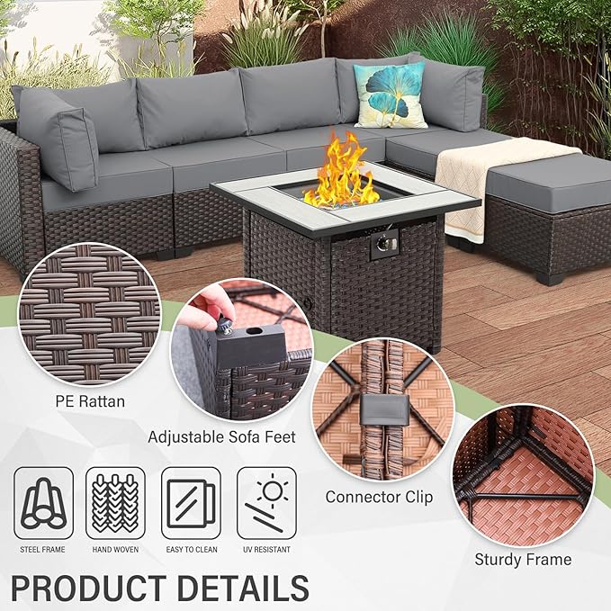 WAROOM Outdoor Patio Furniture Set 7 Pieces Wicker Sectional Sofa Brown Rattan Conversation Couch with Propane Fire Pit Table, Anti-Slip Thick Grey Cushion