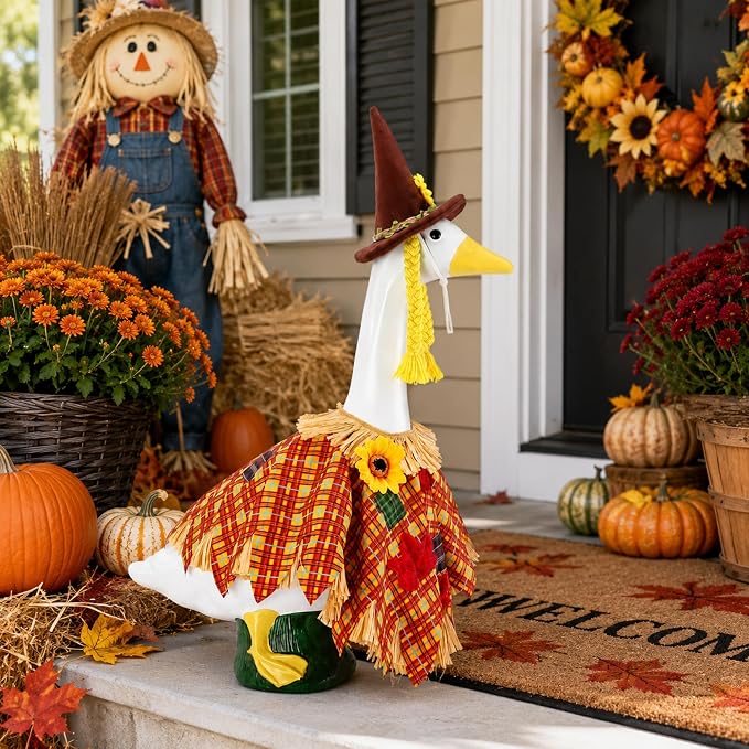 DECOHS 2 Pcs/Set Scarecrow Porch Goose Outfits, Fall Thanksgiving Lawn Goose Statue Scarecrow Costume, Garden Goose Scarecrows Clothes Hat for 23" Statue Autumn Halloween Outdoor Patio Yard Decoration