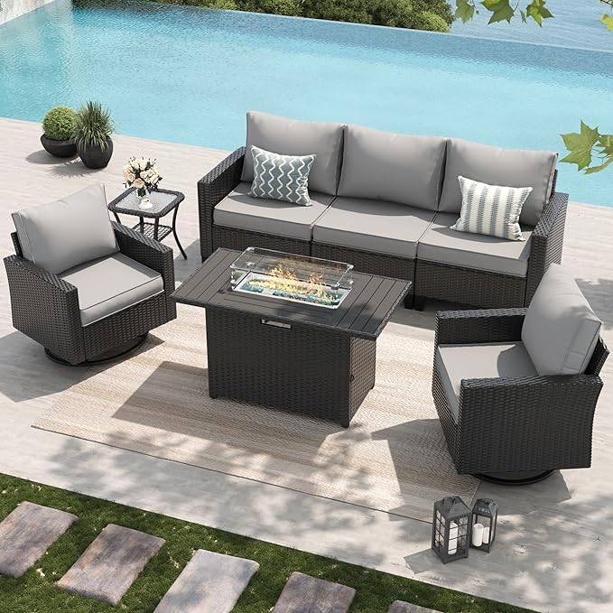 Amopatio Patio Furniture Set, 5-Piece Wicker Outdoor Sectional Sofa with Swivel Rocker Chairs, Rattan Conversation Set with Fire Pit Table and Waterproof Cover for Backyard Black/Light Grey