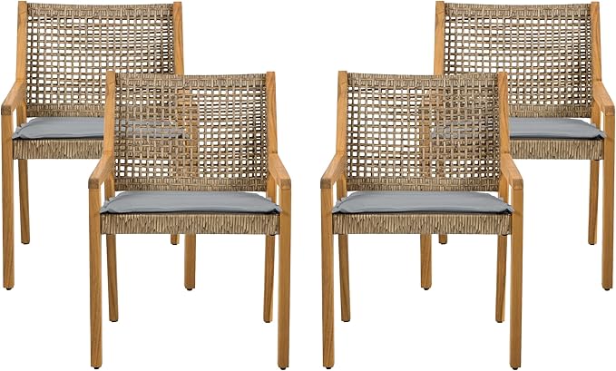 Christopher Knight Home Verle Wooden Patio Dining Set for 4, Acacia Wood Outdoor Dining Table Set for 4, 5 Piece Outdoor Dining Set with Round Table and Armchair with Seat Cushion, Teak+Grey