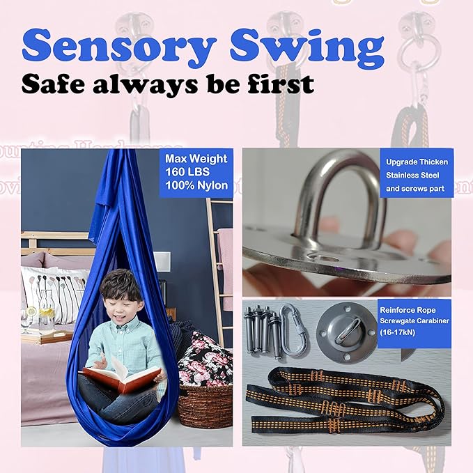 Adjustable Sensory Swing and Cuddle Swing for Indoor&Outdoor Kids Use Therapy Swing Hammock for Child with Hardware (Blue)…