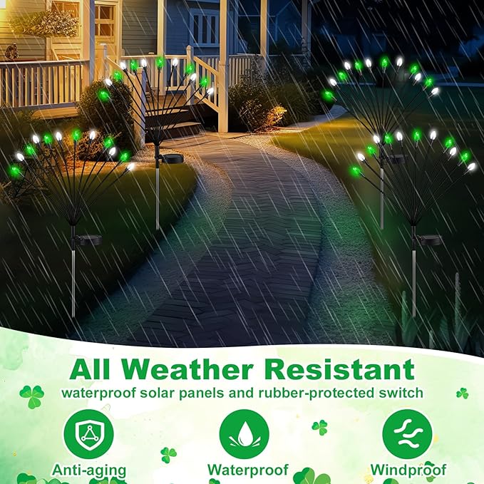 Rossesay 4 Pcs St Patricks Day Outdoor Decorations Solar Lights Waterproof Green 48 LED Swaying Pathway Firefly Stake Lights for Outside Yard Garden Lawn Decorations(Green White,Pine Cone)