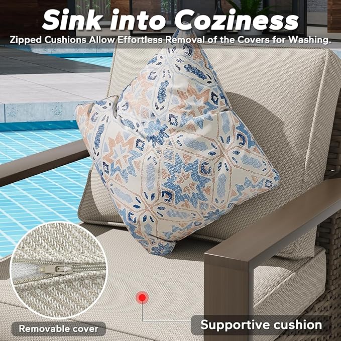 Outdoor Wicker Metal Chairs Set of 2 with Two Ottomans, 360 Degree Glider Rockers Armchairs, 4 Pieces Patio Bistro Set with Wood-Looking Metal Armrest for Poolside, Terrace, Beige