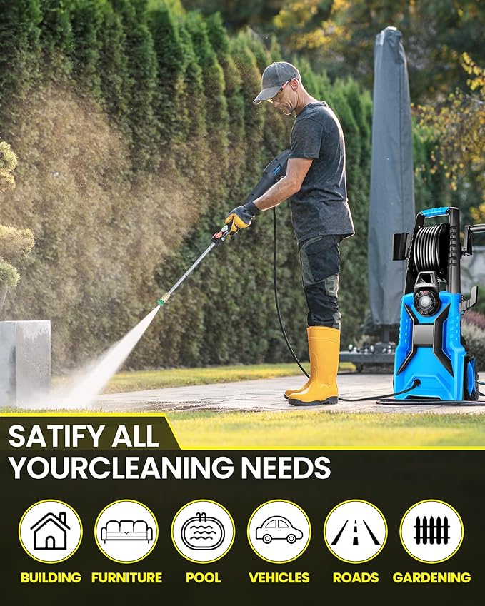 5000PSI Electric Pressure Washer, 2500-5000 PSI Adjustable Power Washer with 33ft Hose Reel, 4 Nozzles & Detergent Tank for Cars/Home/Driveways, Blue