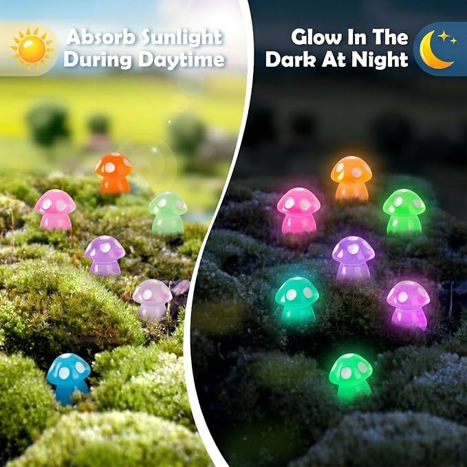 120pcs Luminous Mini Resin Mushroom 15 Colors Glow in The Dark Tiny Little Figures to Hide Small Mushrooms for Micro Fairy Garden Landscape Aquarium Accessories Dollhouse Hide Crafts Decor