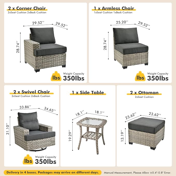 Patio Outdoor Furniture Set - All Weather Wicker Modular Sectional Sofa Couch,Patio Seating Outdoor Conversation Sets for Deck Yard Garden (Black, 8 Pcs w/Swivel Glider)