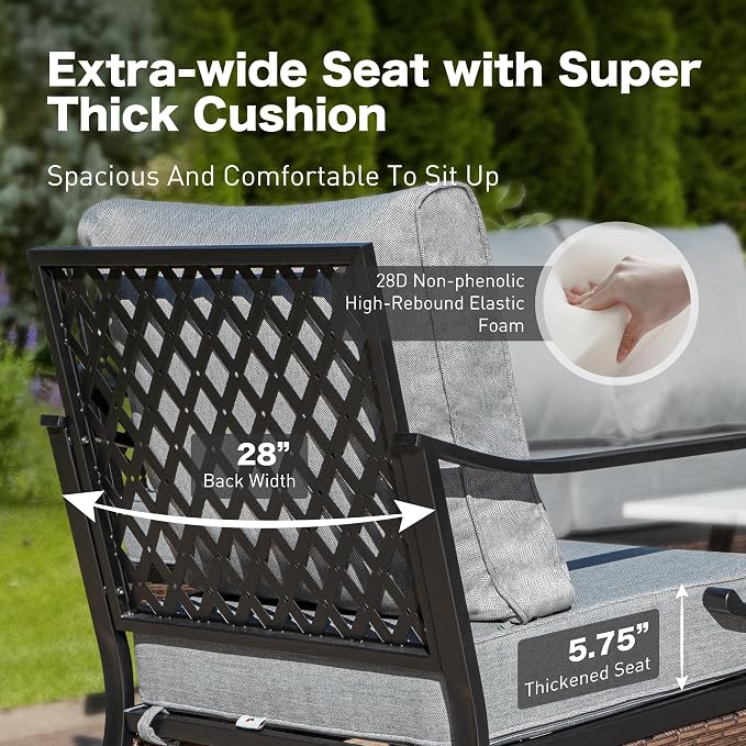 SUNSHINE VALLEY 6 Piece Black Metal Outdoor Patio Furniture Sets with Firepit Table, Patio Conversation Sets 1 3-Seater Sofa, 4 Single Sofa with 5.75" Extra Cushion Backyard Furniture for Deck, Gray