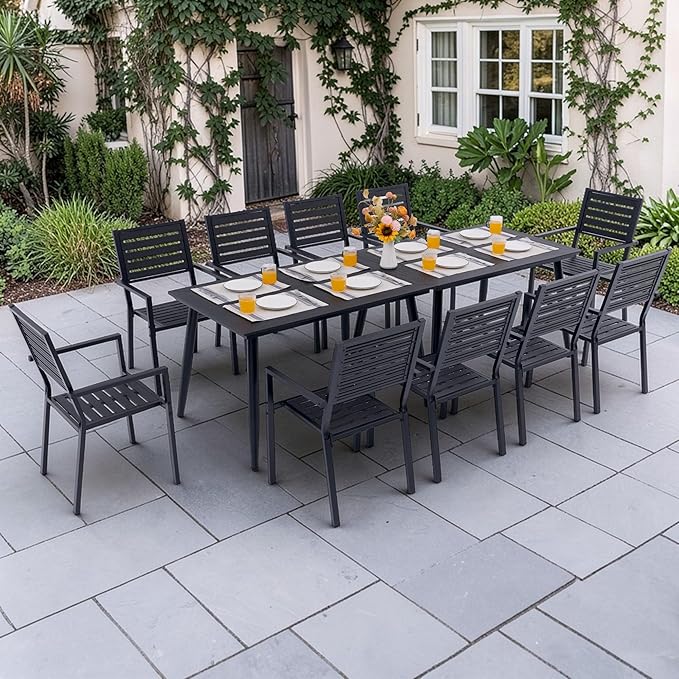 12-Piece Outdoor Dining Set - Two 47.25" HDPE Patio Tables and 10 Stackable Armrest Chairs - All-Weather Rust-Proof Steel Frame for Garden, Deck(Black)