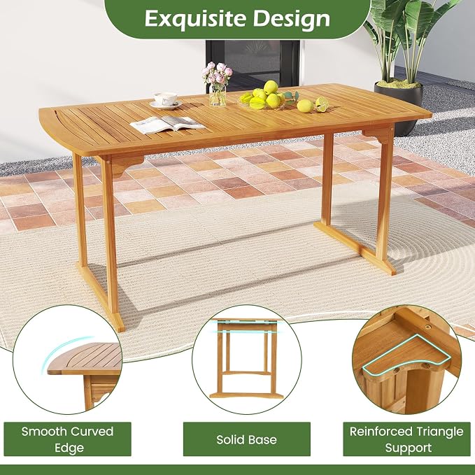 Tangkula 63-Inch Acacia Wood Outdoor Dining Table, 4-6 People Large Patio Table with Umbrella Hole & Slatted Tabletop, Rectangular Outside Table for Backyard, Garden, Porch, Deck