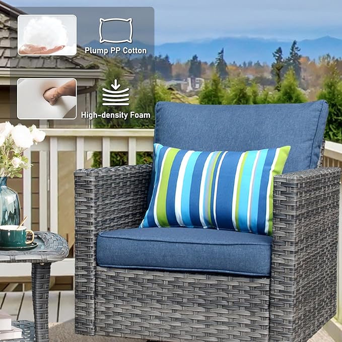 HOOOWOOO Wicker Patio Conversation Sets,6 Piece Outdoor Furniture Set with Swivel Rocking Chairs,All Weather Resistant Modern Outside Out Door Rattan Couch Chairs Side Table Set,Denim Blue