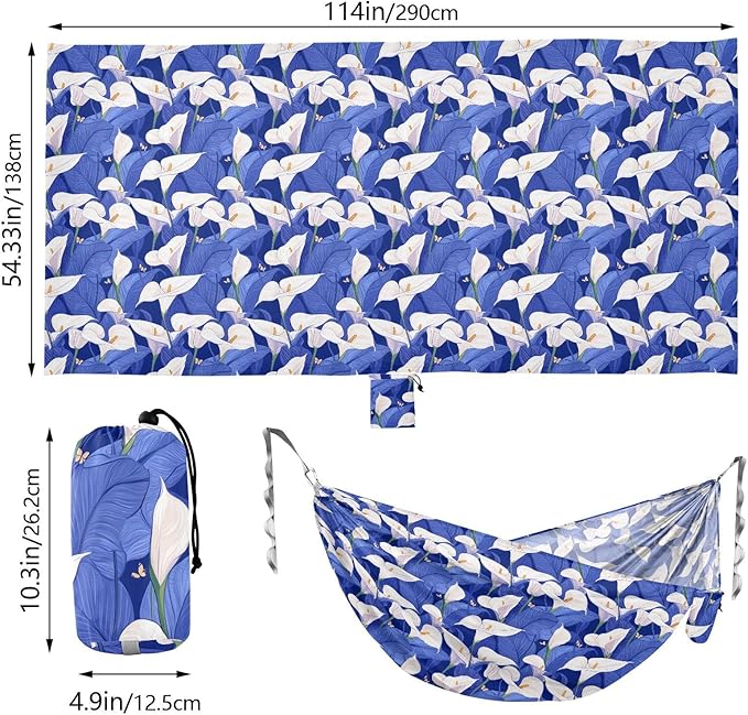 Safari Calla Lily Royal Blue White Outdoor Hammock with Tree Straps Rope Hammock for Outside Patio Backyard Poolside