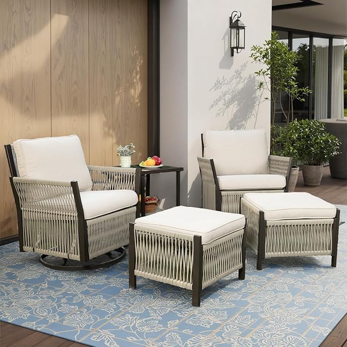 Wicker Outdoor Patio Furniture Set, 5 Piece Patio Conversation Set with Swivel Rocker Chairs, Ottomans and Coffee Table for Garden, Porch, Backyard (Beige)