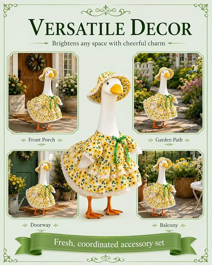 Porch Goose Outfit - Sunflower Dress & Lace Hat Set for 23 Inch Goose Statue,Spring Summer Outdoor Lawn Yard Decor, Home Porch Decoration
