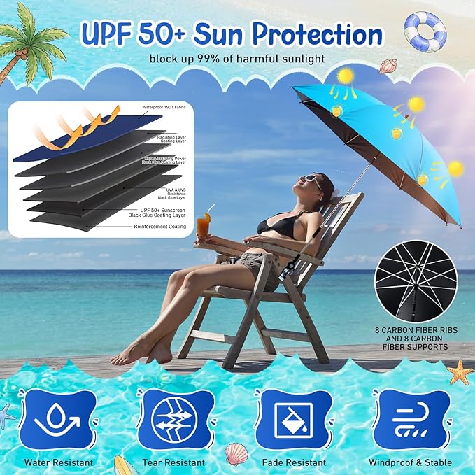Sadnyy 6 Pcs Beach Chair Umbrella with Universal Clamp, 360 ° Adjustable Clip on Umbrellas 42" UPF 50+ Portable Sun Shade for Beach Chair Patio Camping Wheelchair Stroller Golf Cart