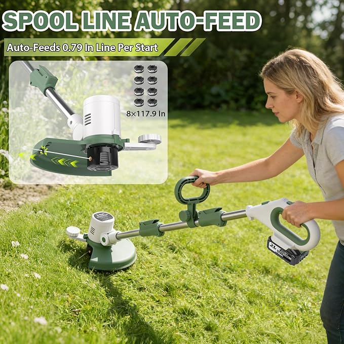 21V 3-in-1 Cordless Weed Eater-Weeding/Trimming/Lawn Mower, with 8 Replace Auto Line Feed, Electric Grass Trimmer for Garden, Lawn, 120 Mins of Non-Stop (2x4.0 mAh Battery Included)