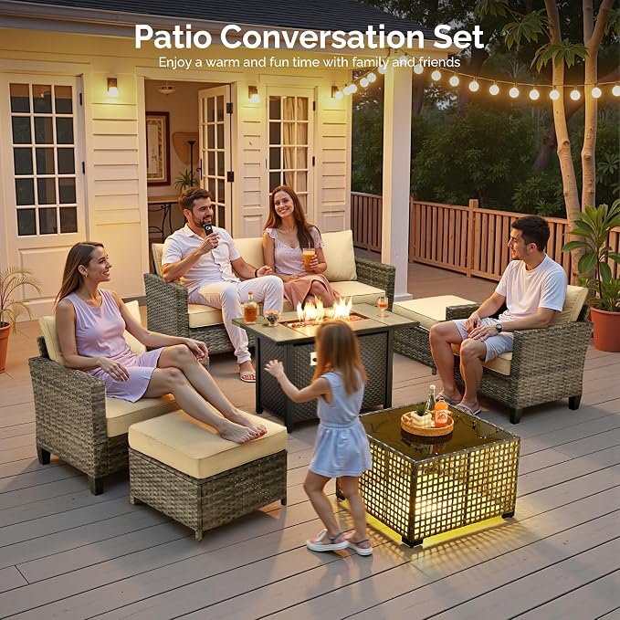 7 Piece Wicker Patio Furniture Set with Firepit Table, Beige | Outdoor Deep Seating Sofa Chair Ottoman, Firepit, Solar Lights Table, Modern Conversation Set, Porch Deck Backyard