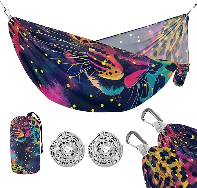 Rainbow Glitter Leopard 330lb Capacity Hammocks for Camping with Tree Straps Portable Hammock for Outside Patio Garden hamacas para adultos 2 Personas