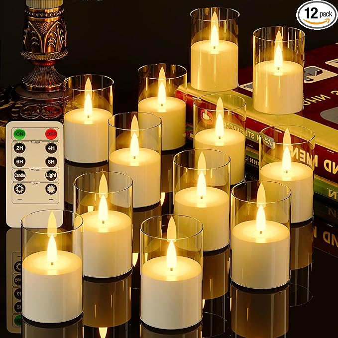 VIODAIM 12Pack Flickering Flameless LED Candles with Remote & Timer, Battery Powered - Small Pillar & Votive, Clear (2"X3")