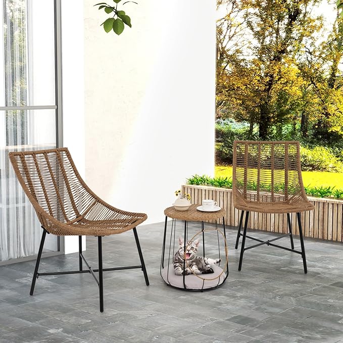 Tangkula 3 Pieces Outdoor Furniture Set with Pet House, Heavy Duty Metal Frame Patio Armless Chairs with Coffee Table, for Patio, Yard, Poolside, Garden (Light Brown)