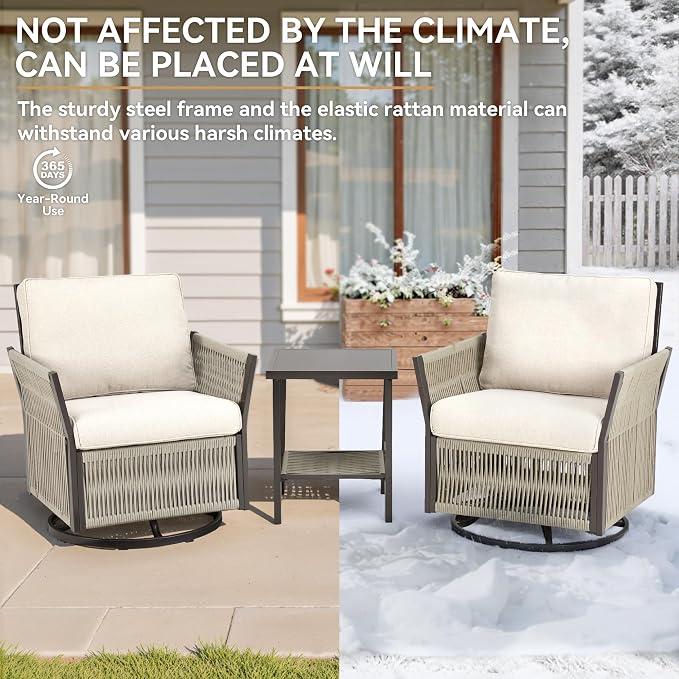 Patio Furniture Set Outdoor/Indoor, Wicker Patio Sofa, 3pcs Furniture Set with Swivel Rocker Chairs and Side Table for Backyard, Garden, Poolside(Beige)