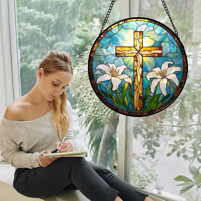 DASTOLL Christian Gifts for Women - Cross Stained Glass Window Hanging Jesus Easter White Lily Flower Sun Catcher Garden Religion Decor Mother's Day Catholic Gift for Men Grandma Mom Her Nana 11.8"