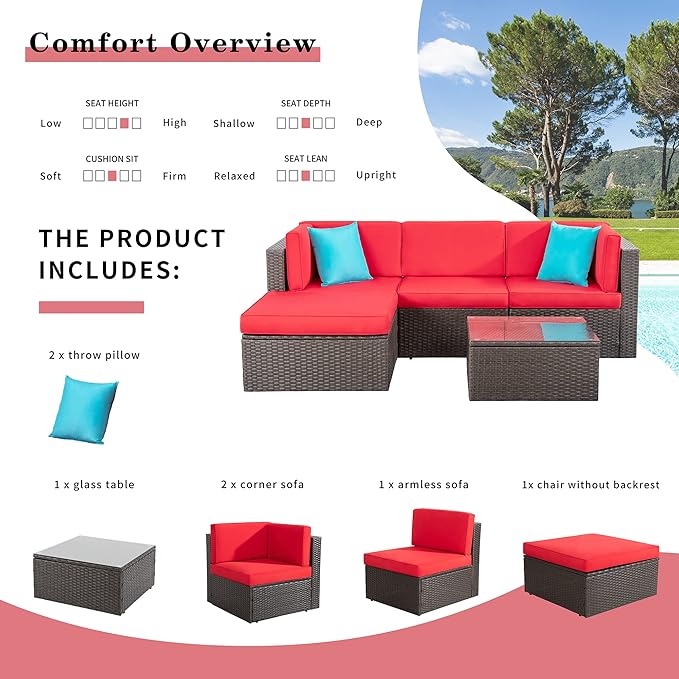 Shintenchi 5 Pieces Patio Furniture Sets Outdoor All-Weather Sectional Patio Sofa Set PE Rattan Manual Weaving Wicker Patio Conversation Set with Glass Table&Ottoman Cushion and Red Pillows, Red