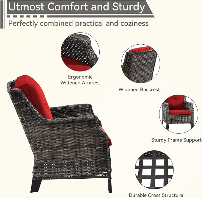 3 Piece Patio Furniture Set, 2-Seater Loveseat and 2 Chairs, Rattan Conversation Set with Deep Seating and Olefin Cushions, for Outdoors, Backyard, Porch, Deck, Garden, Red