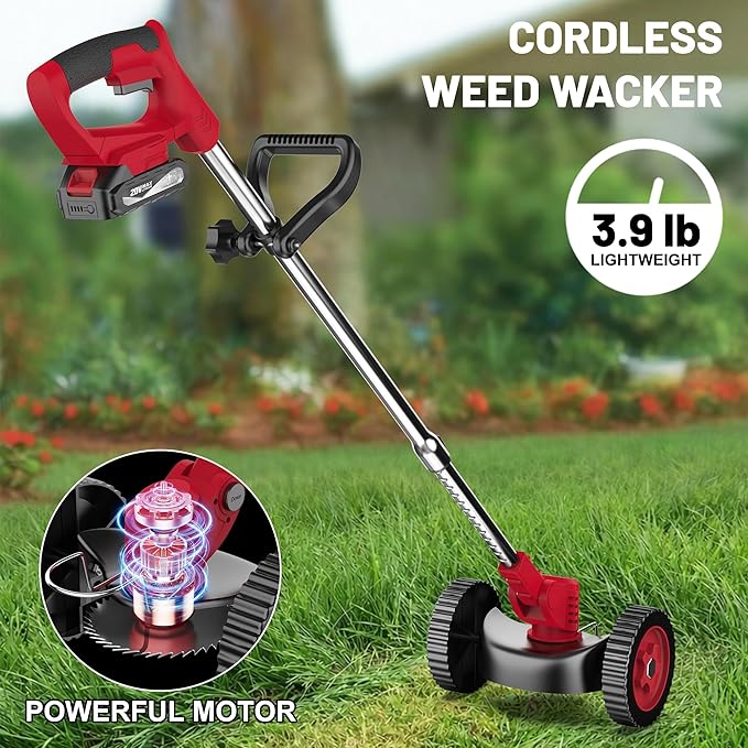 MGYM Cordless Weed Wacker, 20V Electric String Trimmer with 2x2.0Ah Batteries and Charger, Adjustable Pole Weed Wacker with Wheel for Lawn, Yard, Garden Grass Cutter(Red)