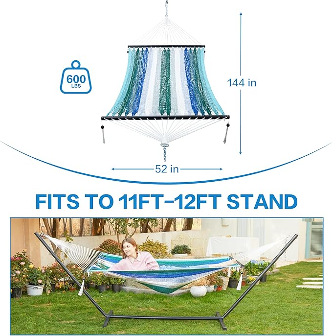 PNAEUT Double Rope Hammocks for Outside, Handwoven Double Caribbean Hammock with Spreader Bar for Outdoor Indoor, Max 600 lbs Capacity (Aqua)
