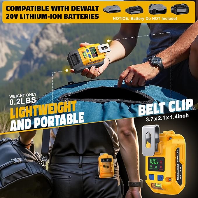 100W USB Battery Adapter Compatible with Dewalt 20V, LIVOWALNY Power Inverter Battery Inverter Charger Power Station with Type-C Port & USB Port & LED Light for Electronic Device (Tool Only)