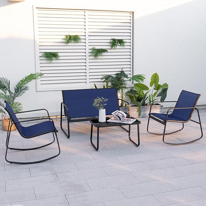 Tangkula 4 Piece Rocking Patio Furniture Set, 2 Rocking Chairs & Loveseat with Glass-Top Table, Patio Rocking Set with Smooth Rocking Motion, Outdoor Rocker Conversation Set for Porch, Yard (1, Navy)
