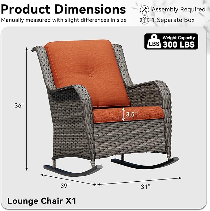 Outdoor Rocking Chair, Wicker Patio Chair with Thickened Olefin Cushions, High Back and Deep Seating, Hand-Woven PE Rattan for Porch, Deck, Balcony, Orange