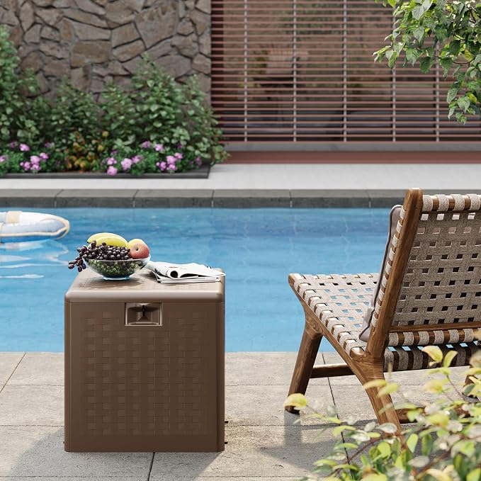 Garvee 28 gal Outdoor Storage Box with Lid, Weather-Resistant Plastic Deck Box, Lockable Outdoor Storage Bin for Patio Furniture, Gardening Tools and Accessories, Brown