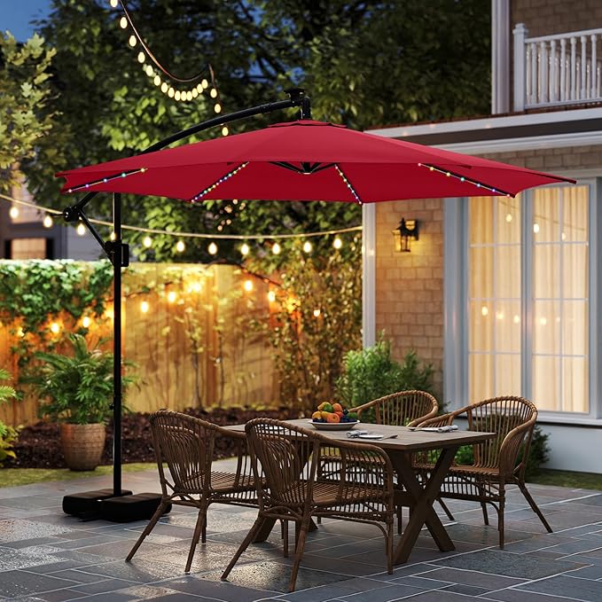 Tangkula 10 FT Solar Patio Umbrella with Base Included, Cantilever Offset Hanging Outdoor Umbrella with 96 Multi-Colored Flowing LED Lights, 9 Modes, Tilt Adjustment, 360° Rotation, Crank for Pool Yard Deck Lawn (Red)