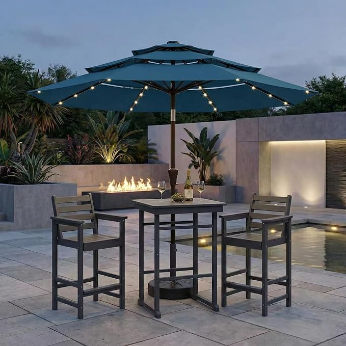 Kingdura 10ft 3-Tier Patio Umbrella with Solar Lights, Table Umbrella Outdoor Patio with Easy Crank & Tilt, 8 Sturdy Ribs, UV Protection, 32 LED Lights for Deck, Poolside, Market (Lake blue)