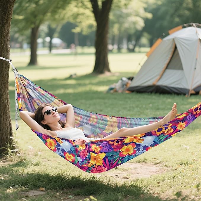 Camping Hammock Outdoor Hammocks for Outside Skulls Tropical Flowers Beach Trees Portable Lightweight with Pockets Tree Straps Indoor