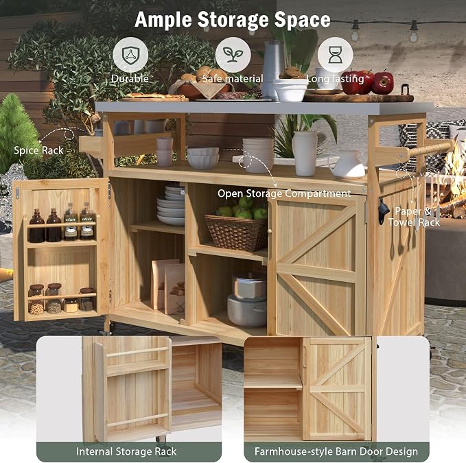 Large Outdoor Rolling Patio Bar Table Cart, Outdoor Kitchen Island Cart Grill Table, Farmhouse Solid Wood Outdoor Serving Cart Prep Table with Stainless Steel Top for Grill/Kitchen, Natural