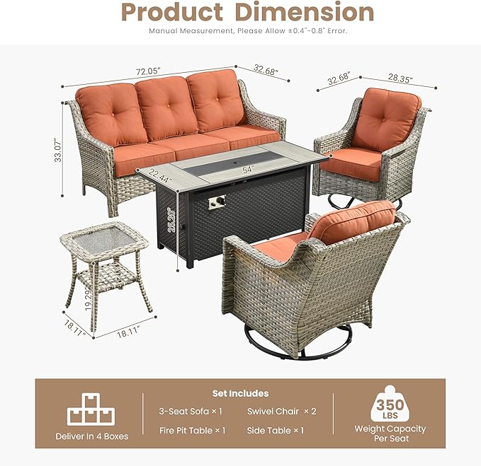 HOOOWOOO Patio Furniture Set,5 Pieces Wicker Outdoor Furniture,High Back Conversation Set with All Weather Resistant Fire Pit Table Couch Swivel Chairs,Orange Red