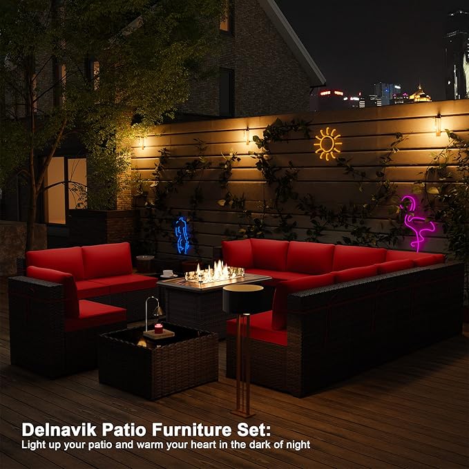 Patio Furniture Set with Fire Pit Table 13-Pieces Outdoor Sectional Furniture Outdoor Rattan Patio Conversation Sets with 43in Propane Gas Fire Pit Table and Glass Table, Red