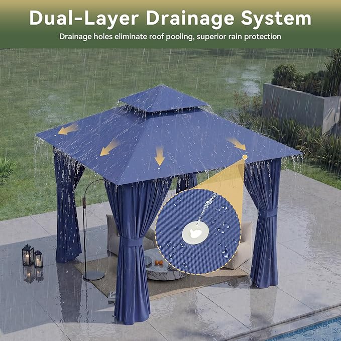 8'x8' Gazebo, Outdoor Gazebo Metal Frame Canopy with Double Roofs, Heavy Duty Patio Tent Shelter with Mosquito Netting and Privacy Screen for Backyard, Blue