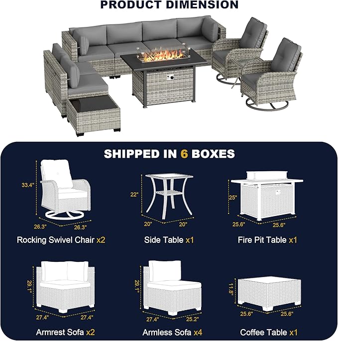 11-Piece Outdoor Patio Furniture Set with Rocking Swivel Chair, Wicker Rattan Sectional Sofa Conversation Set with 55,000 BTU Fire Pit Table, Backyard Furniture, Grey