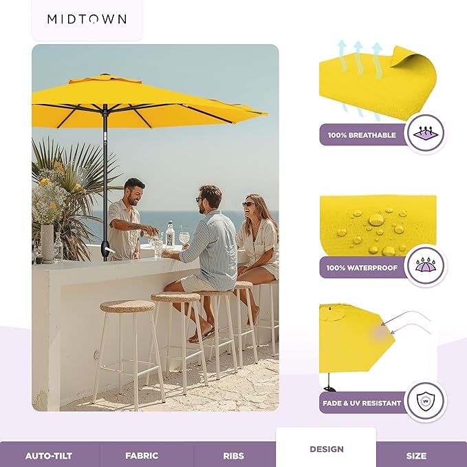 Midtown Umbrellas – The Lean 9 Ft Patio Umbrella with 10-Year-No-Fade Acrylast Acrylic Fabric, Auto-Tilt and 8 Reinforced Ribs for Deck, Pool, Garden, Hotel & Cafes – Studio Yellow Canopy, Black Pole