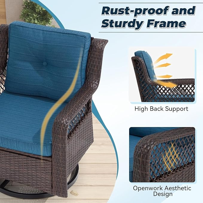 3 Pieces Patio Swivel Chairs, Wicker Patio Conversation Sets with Rocking Chair, Side Table for Outdoor Garden Porch Backyard(Blue)