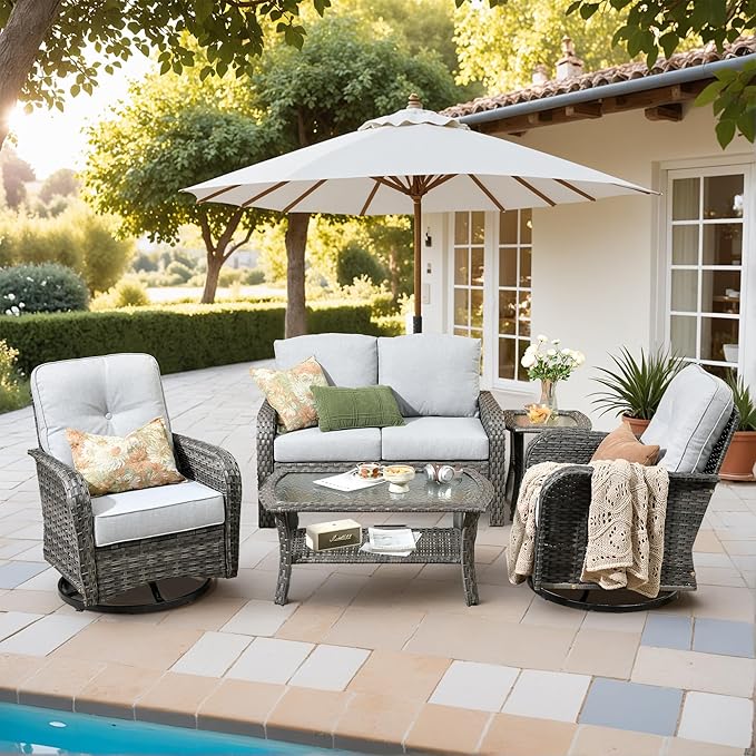 5 Pieces Outdoor Patio Furniture Set with Coffee Table, All Weather Wicker Patio Conversation Sets with Rocking Chairs, Balcony Furniture Sets for Backyard, Garden, Poolside, Grey